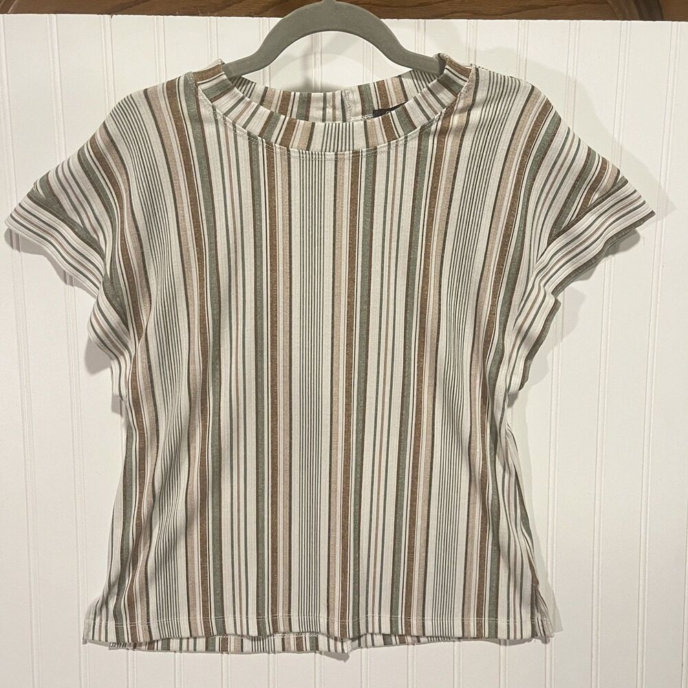 Cure Women's Striped Top Cap Sleeves Buttons Back Accent Earthy Tones Size Med